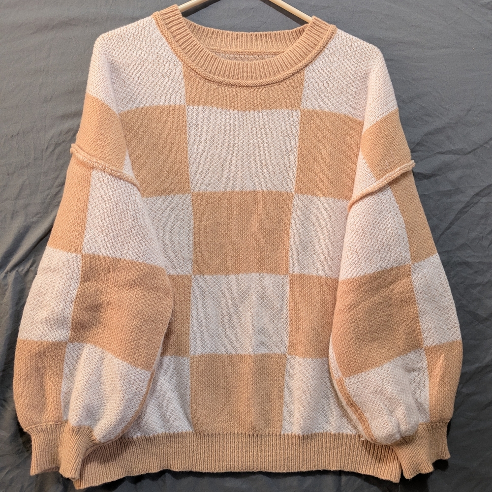 Checkered Bell Sleeve Beige and White Women's Sweater
